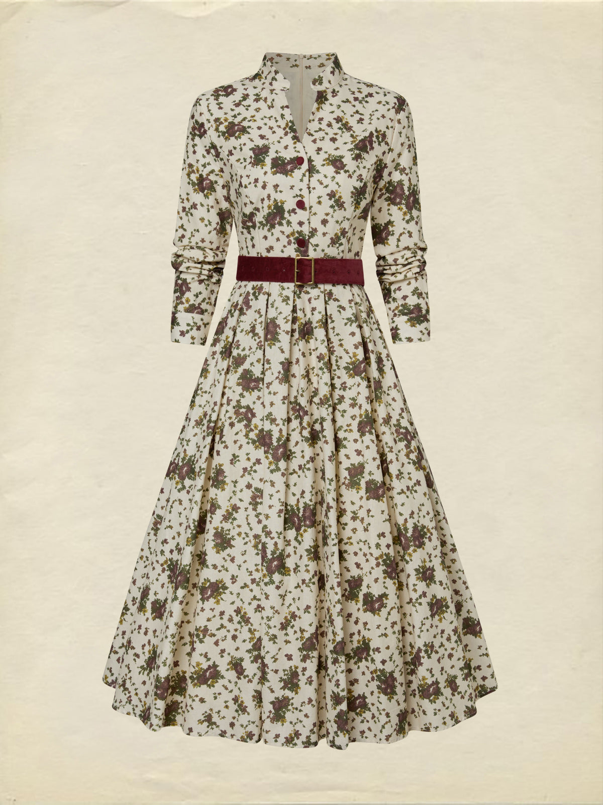 Midi Cotton Dress, Long Sleeves, Shawl Collar, Floral, Belt Design, Vintage, Apricot