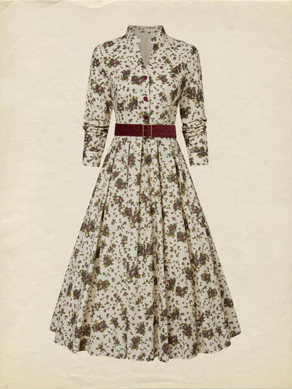 Midi Cotton Dress, Long Sleeves, Shawl Collar, Floral, Belt Design, Vintage, Apricot