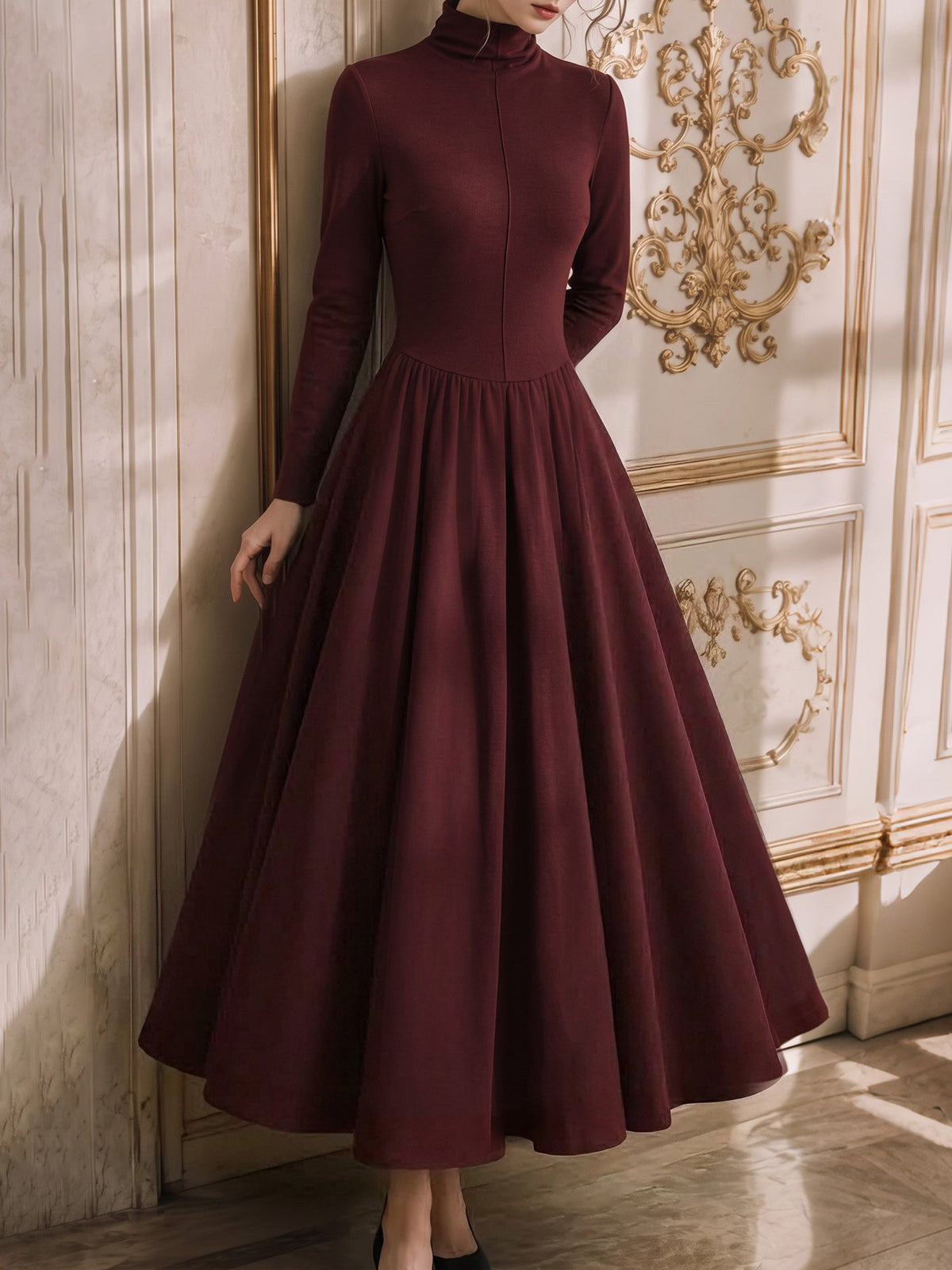 Maxi Cotton Knit Dress, Long Sleeves, Vintage, Red Brown