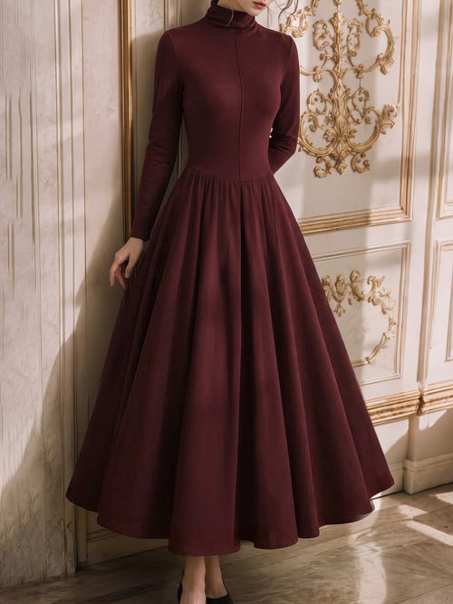 Maxi Cotton Knit Dress, Long Sleeves, Vintage, Red Brown