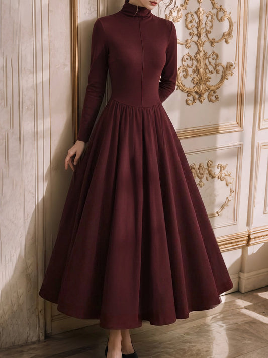 Maxi Cotton Knit Dress, Long Sleeves, Vintage, Red Brown