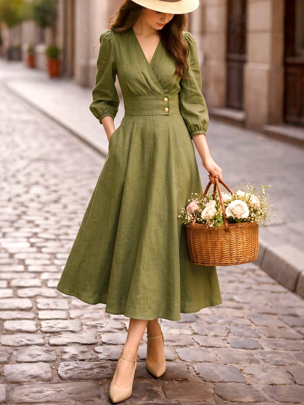 Midi Linen Dress, Half Sleeve, V Neck, Vintage, Green