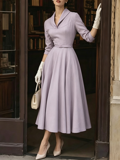 Midi Cotton Dress, Half Sleeve, V Neck, Belt Design, French Vintage, Purple