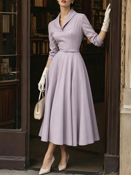 Midi Cotton Dress, Half Sleeve, V Neck, Belt Design, French Vintage, Purple