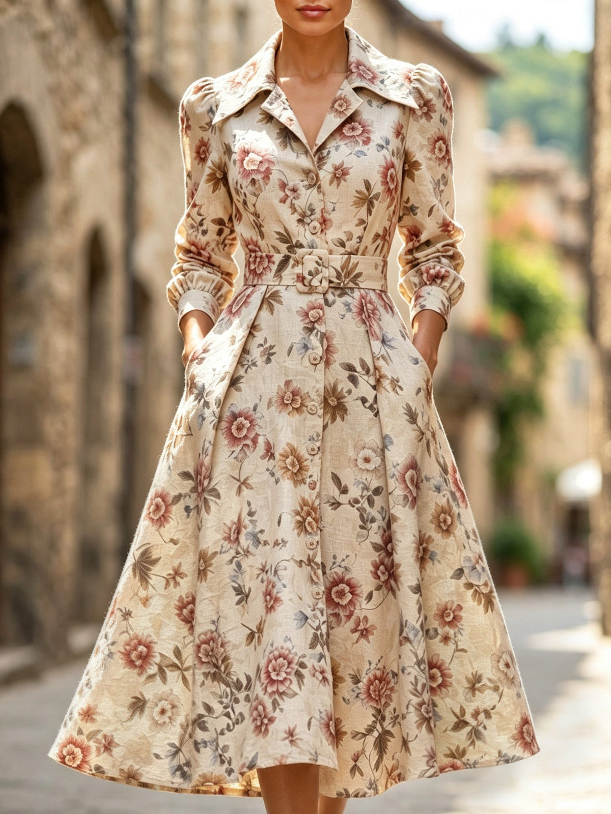 Midi Cotton Dress, Long Sleeves, Shawl Collar, Floral, Button Design, Vintage, Apricot