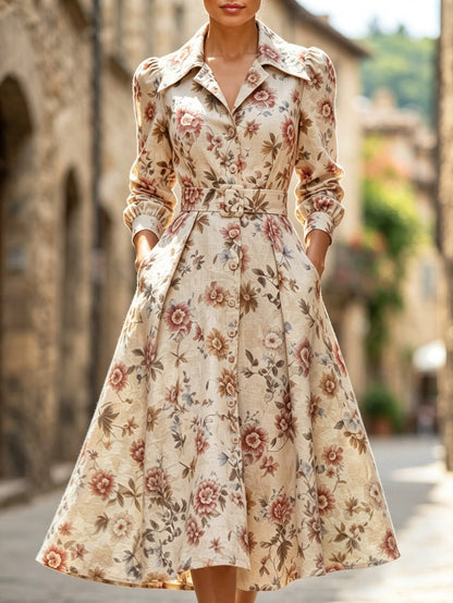 Midi Cotton Dress, Long Sleeves, Shawl Collar, Floral, Button Design, Vintage, Apricot