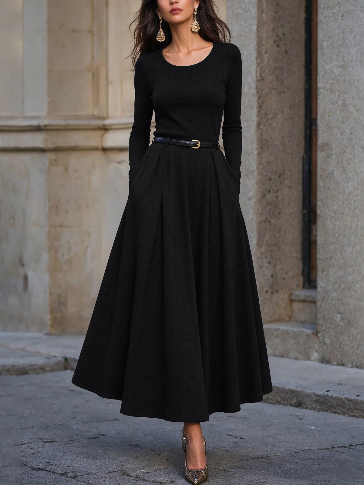 Maxi Cotton Knit Dress, Long Sleeves, Round Neck, Vintage, Black