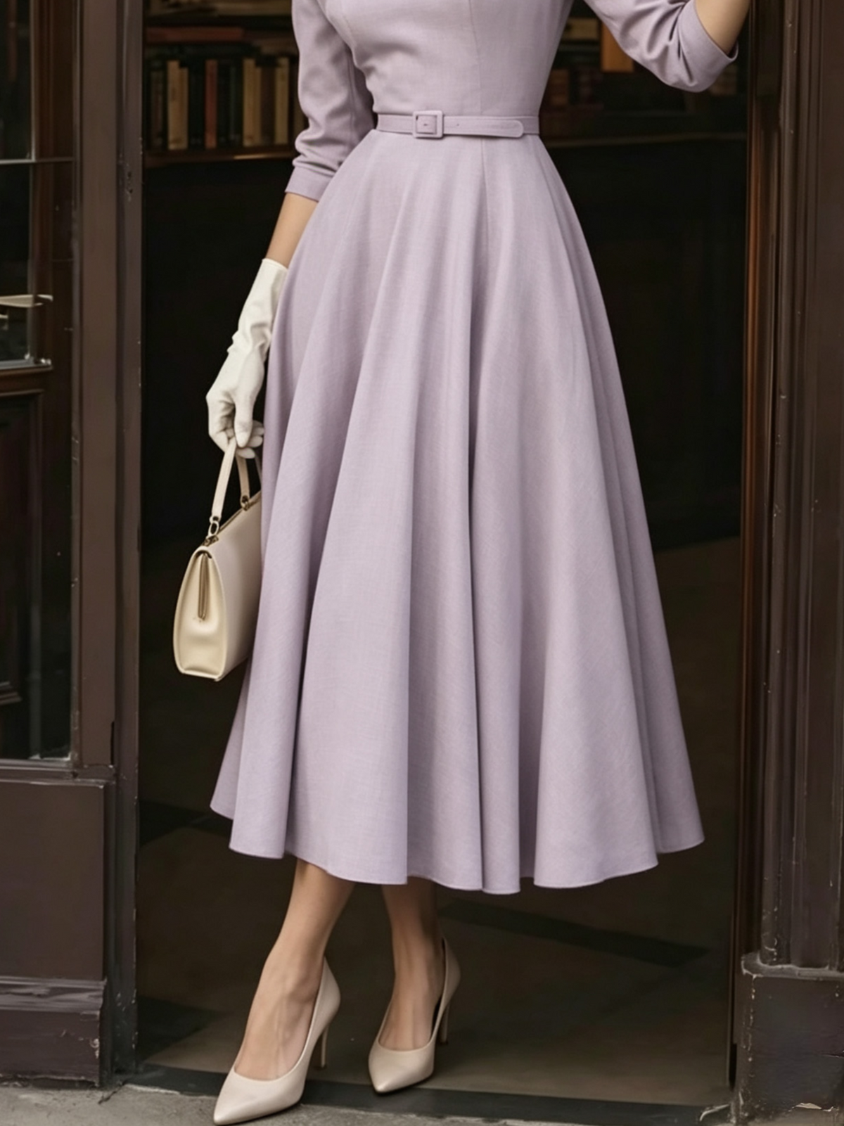 Midi Cotton Dress, Half Sleeve, V Neck, Belt Design, French Vintage, Purple