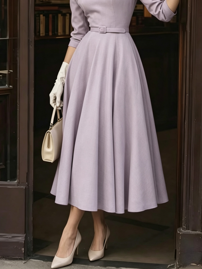Midi Cotton Dress, Half Sleeve, V Neck, Belt Design, French Vintage, Purple