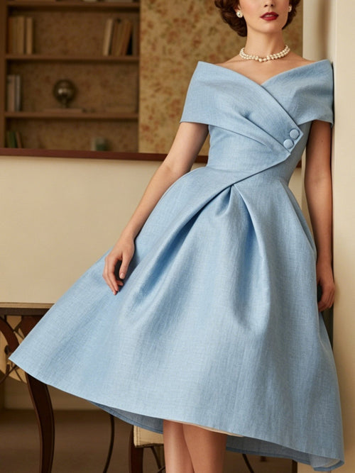 Midi Linen Dress, Short Sleeves, Off The Shoulder, Plain, French Vintage, Blue