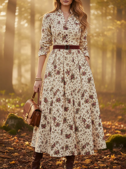 Midi Cotton Dress, Long Sleeves, Shawl Collar, Floral, Belt Design, Vintage, Apricot