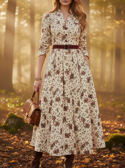 Midi Cotton Dress, Long Sleeves, Shawl Collar, Floral, Belt Design, Vintage, Apricot