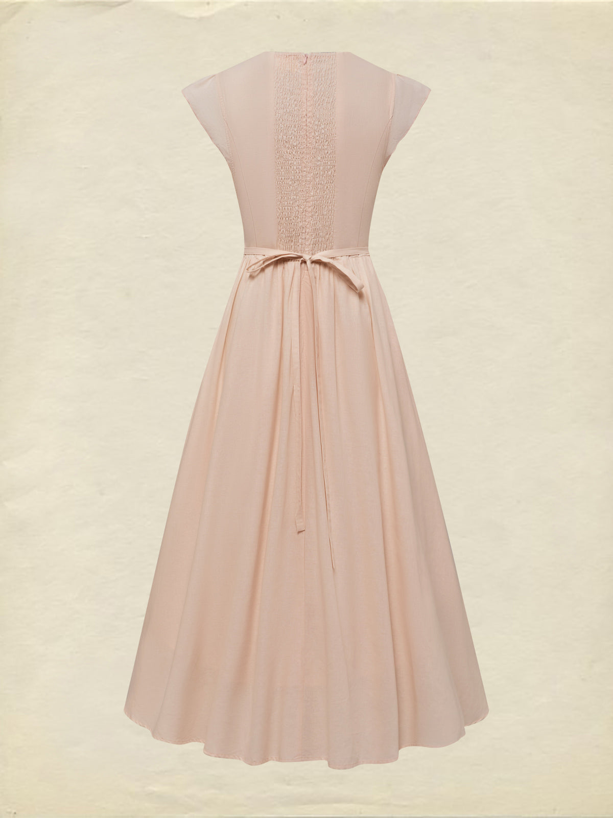 Cotton Midi Dress, Short Sleeve, Lace Collar, Plain, Vintage, Light Pink