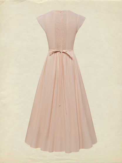 Cotton Midi Dress, Short Sleeve, Lace Collar, Plain, Vintage, Light Pink