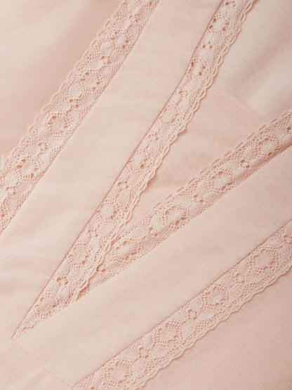 Cotton Midi Dress, Short Sleeve, Lace Collar, Plain, Vintage, Light Pink