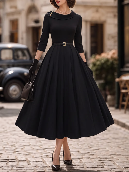 Midi Cotton Knit Dress, Long Sleeves, Shawl Collar, Belt Design, Vintage, Black