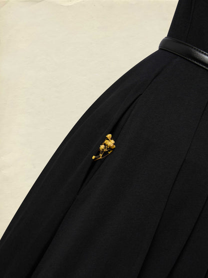 Midi Cotton Knit Dress, Long Sleeves, Shawl Collar, Belt Design, Vintage, Black