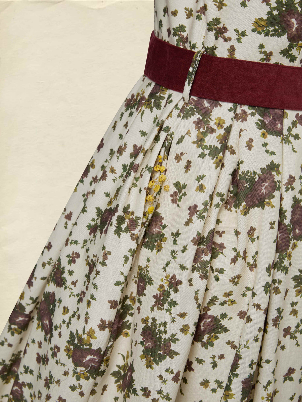 Midi Cotton Dress, Long Sleeves, Shawl Collar, Floral, Belt Design, Vintage, Apricot