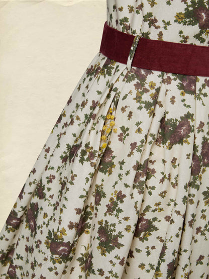 Midi Cotton Dress, Long Sleeves, Shawl Collar, Floral, Belt Design, Vintage, Apricot