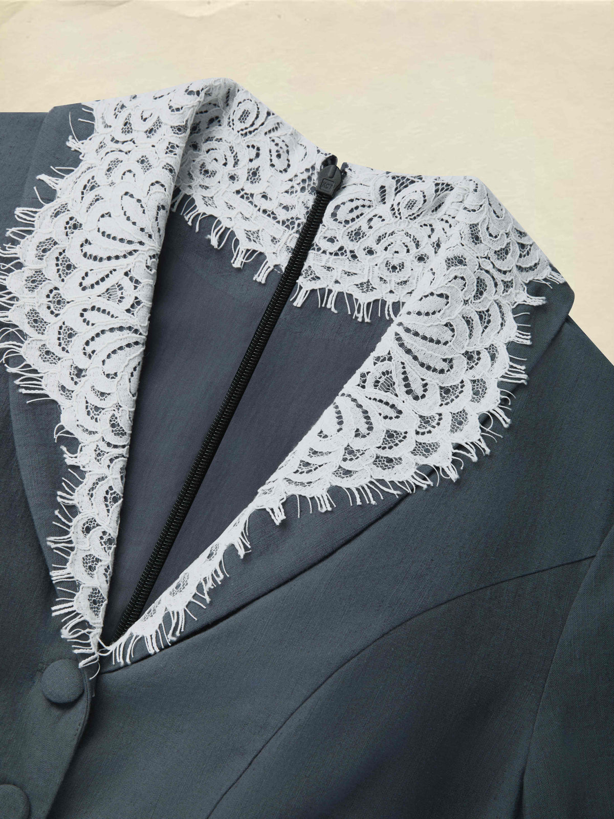 Maxi Cotton Dress, Half Sleeve, Lace, French Vintage, Gray