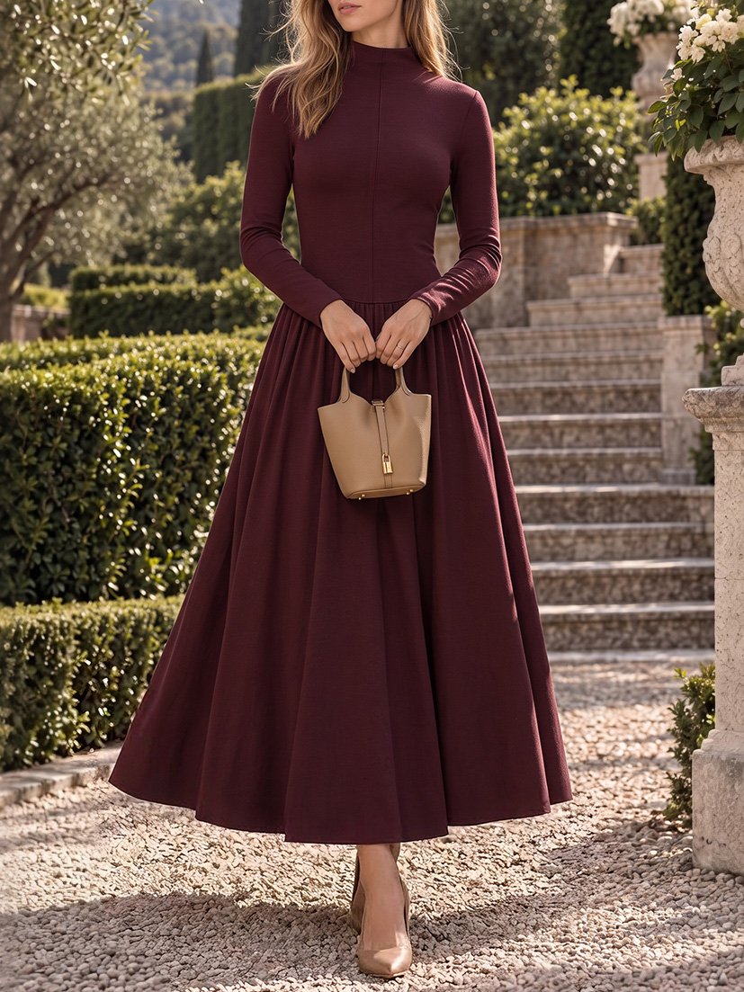 Maxi Cotton Knit Dress, Long Sleeves, Vintage, Red Brown