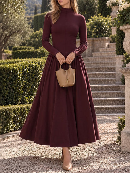 Maxi Cotton Knit Dress, Long Sleeves, Vintage, Red Brown