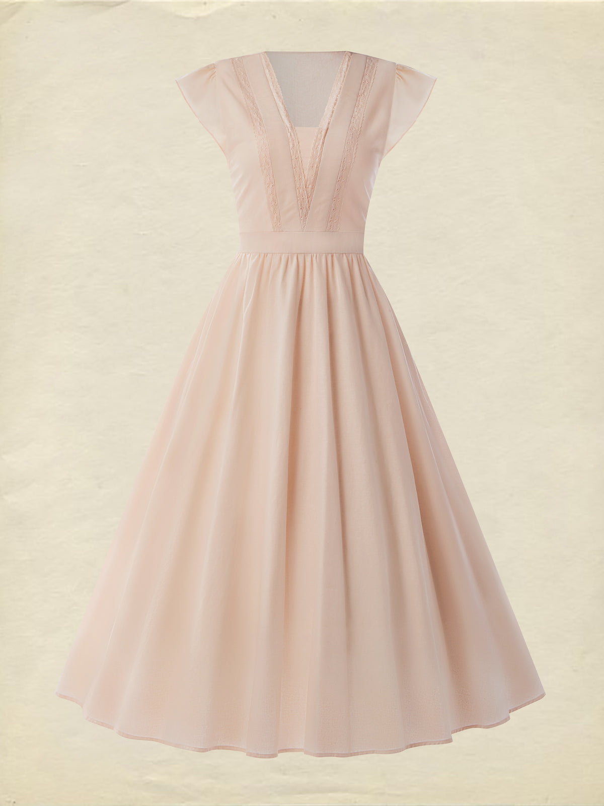Cotton Midi Dress, Short Sleeve, Lace Collar, Plain, Vintage, Light Pink
