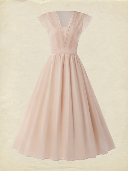 Cotton Midi Dress, Short Sleeve, Lace Collar, Plain, Vintage, Light Pink