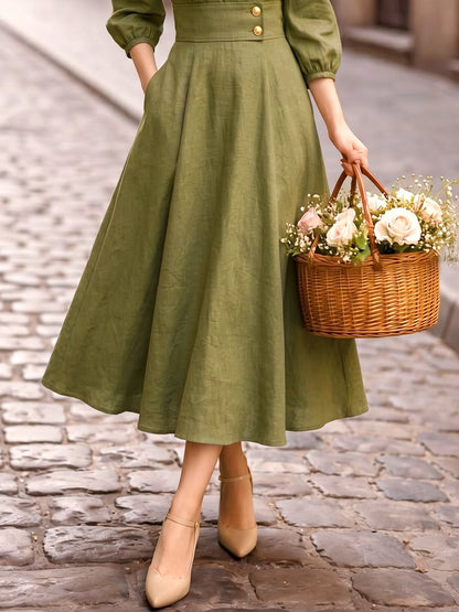 Midi Linen Dress, Half Sleeve, V Neck, Vintage, Green