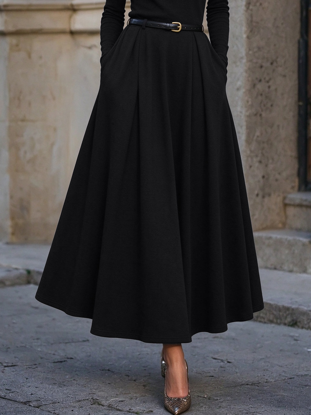 Maxi Cotton Knit Dress, Long Sleeves, Round Neck, Vintage, Black