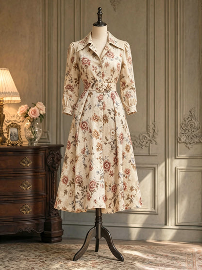 Midi Cotton Dress, Long Sleeves, Shawl Collar, Floral, Button Design, Vintage, Apricot