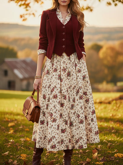 Midi Cotton Dress, Long Sleeves, Shawl Collar, Floral, Belt Design, Vintage, Apricot