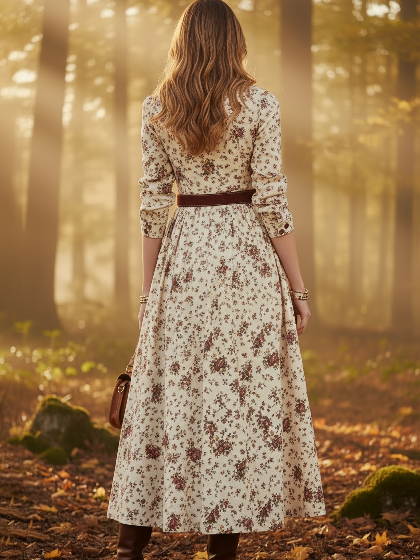 Midi Cotton Dress, Long Sleeves, Shawl Collar, Floral, Belt Design, Vintage, Apricot