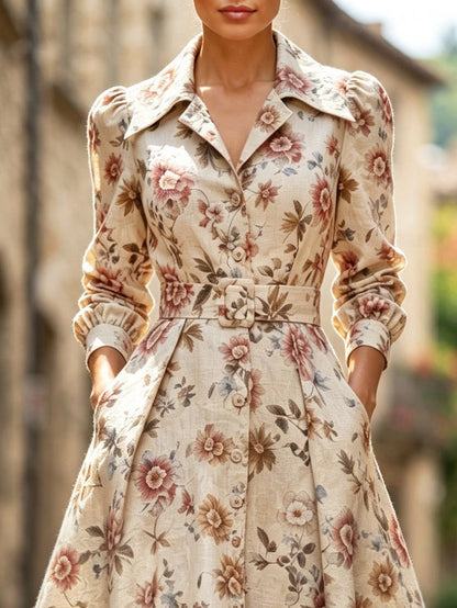 Midi Cotton Dress, Long Sleeves, Shawl Collar, Floral, Button Design, Vintage, Apricot
