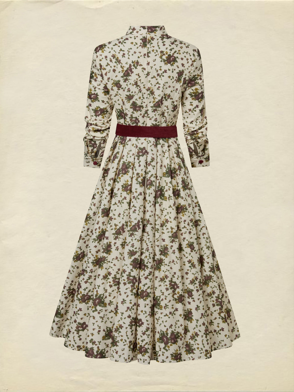 Midi Cotton Dress, Long Sleeves, Shawl Collar, Floral, Belt Design, Vintage, Apricot