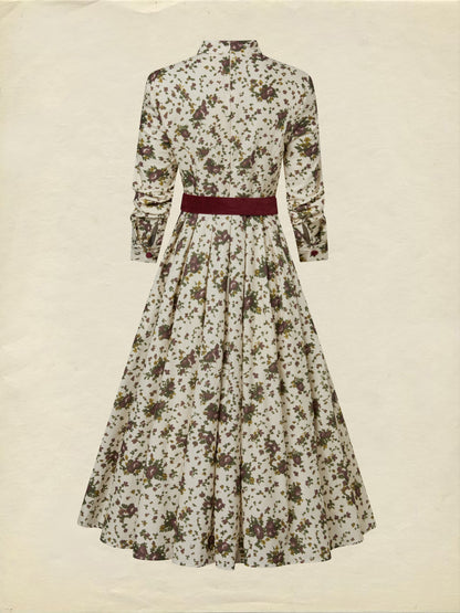 Midi Cotton Dress, Long Sleeves, Shawl Collar, Floral, Belt Design, Vintage, Apricot
