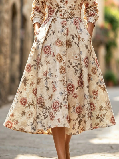 Midi Cotton Dress, Long Sleeves, Shawl Collar, Floral, Button Design, Vintage, Apricot