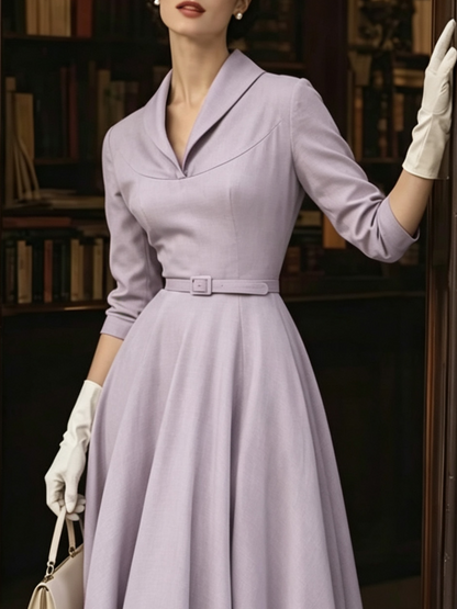 Midi Cotton Dress, Half Sleeve, V Neck, Belt Design, French Vintage, Purple